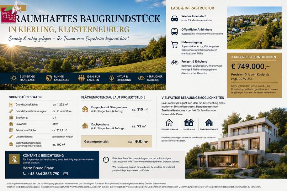Traumhaftes Baugrundstück in Kierling, Klosterneuburg – sonnige Ruhelage mit großem Entwicklungspotenzial, Grund und Boden-kauf, 749.000,€, 3400 Tulln