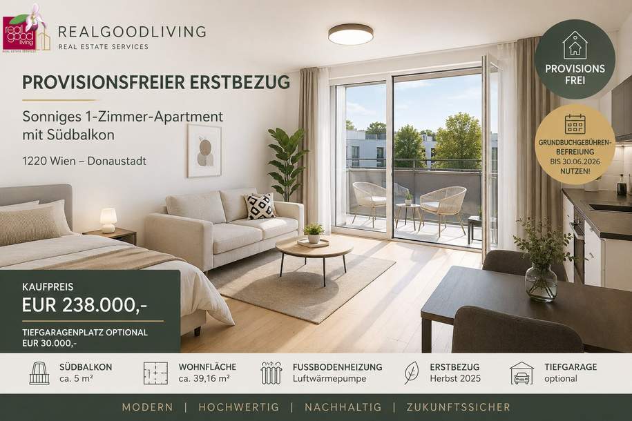 PROVISIONSFREIER ERSTBEZUG | Sonniges Single-Apartment mit Südbalkon nahe Hirschstettner Badeteich, Wohnung-kauf, 238.000,€, 1220 Wien 22., Donaustadt