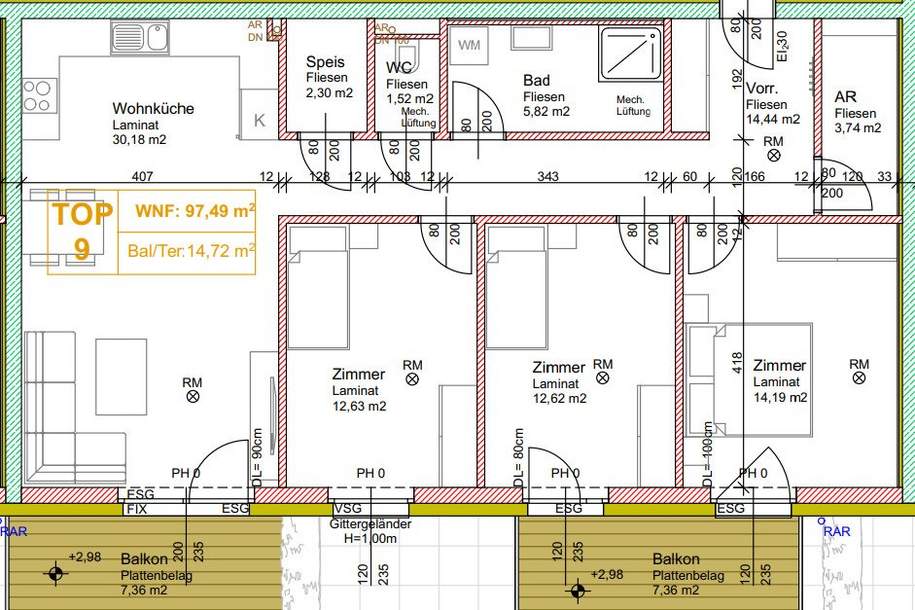 Neubau 4 Zimmer Warm mit 2 Balkonen, inkl. BK und 2 PKW-Stellplätzen, Wohnung-miete, 1.297,84,€, 2424 Neusiedl am See