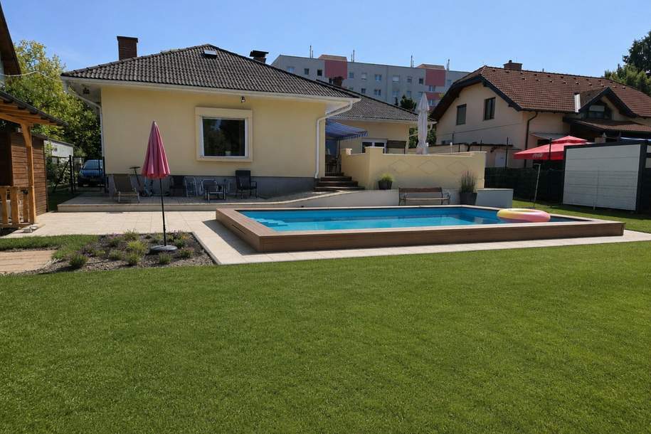 Wohnen mit Urlaubsflair | riesiges Grundstück (Teilung möglich) mit großer Terrasse und Pool | Offener Kamin und Klimaanlage | U1-Station | Garage, Haus-kauf, 635.000,€, 1210 Wien 22., Donaustadt
