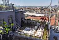 PENTHOUSE ohne SCHRÄGEN mit Vollverglasung und Wellnessterrasse inkl. Sauna und Blick über Wien - außergewöhnliche RARITÄT mit 2x Tiefgaragenplätzen im Haus / Kaufpreis inkl. LUXUS-Möblierung