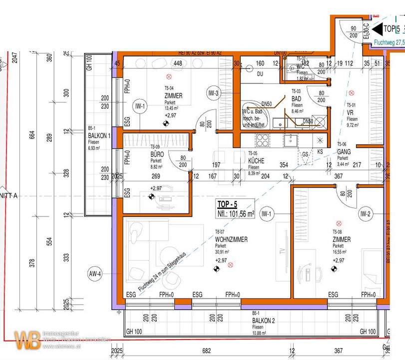 Erstbezug mit 101m² WFL + 2 Balkone 18m², 31m² Wohnküche & Zi-16m²+13m²+9m², 60m² PKW-Stellplatz