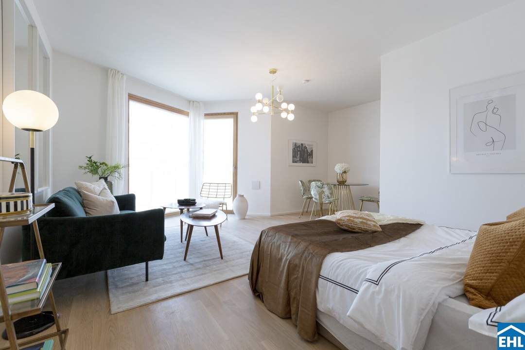 Sonnwendviertel: 1-Zimmer-Wohnung mit Balkon in der 16. Etage – Fitnessraum, Co-Working &amp; Rooftop-Terrasse inklusive!