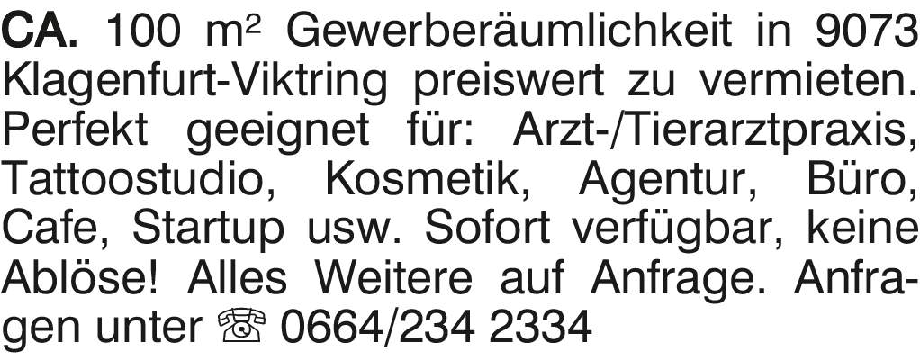 CA. 100 m² Gewer be räum lich keit in 9073