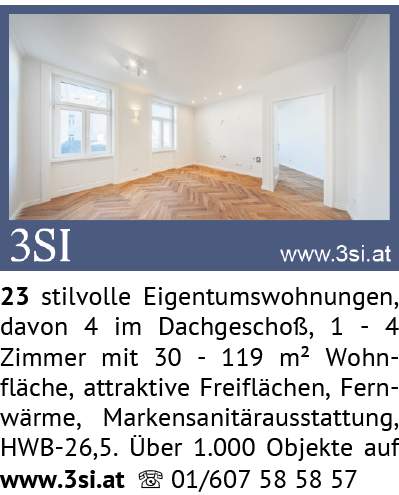 23 stilvolle Eigentumswohnungen, davon 4 im Dachgeschoß, 1 - 4 Zimmer mit 30 - 119 m² Wohnfläch