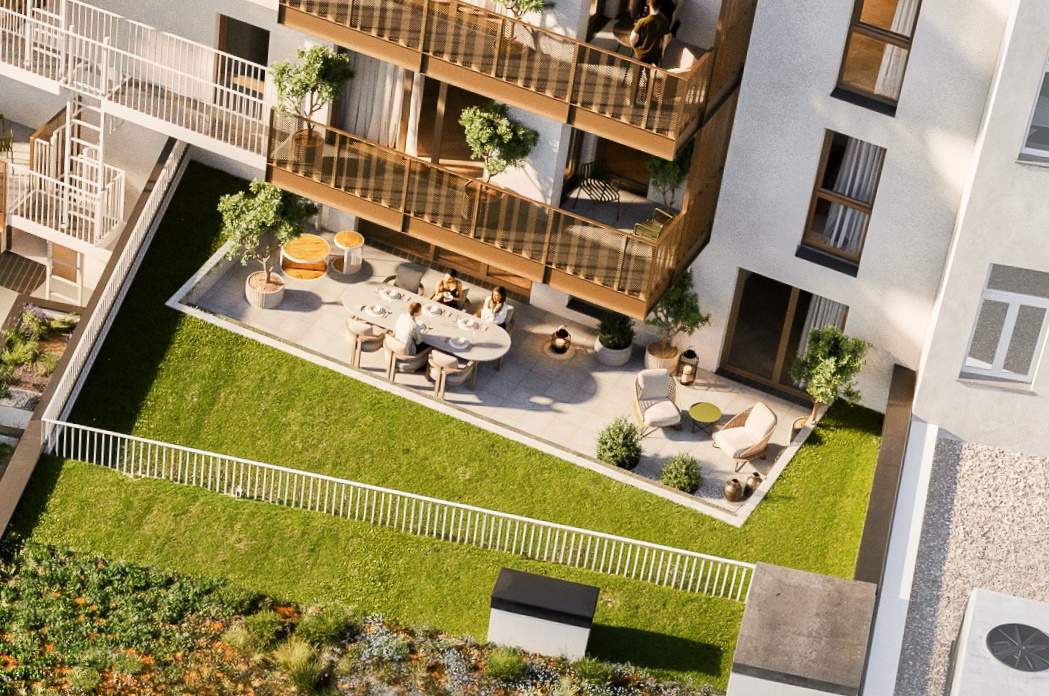 ERSTBEZUG mit großer Terrasse im Innenhof – moderne 2-Zimmer-Wohnung