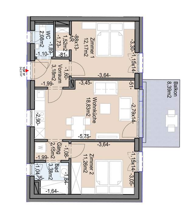 Geförderte Neubauwohnung mit Balkon, 54,57 m² im 2. Stock