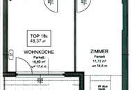 DACHGESCHOSS, FERNBLICK, 48 m2 Neubau mit 13 m2 Balkon, Wohnküche, 1 Zimmer, Duschbad, Garage möglich, U3-Nähe, vermietet