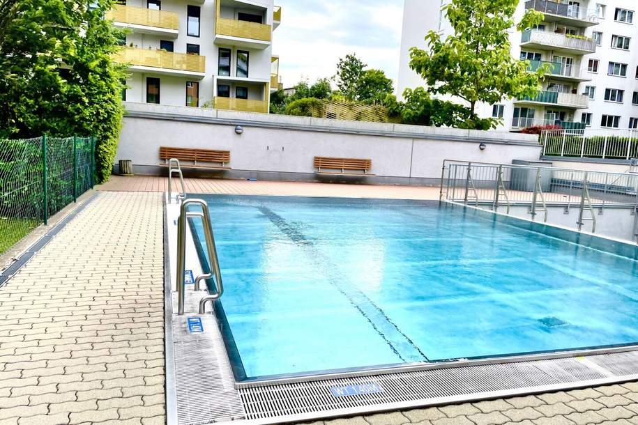 Traumhafte Dachgeschoss-Maisonette mit Schwimmbad und Terrasse mit exklusivem Poolblick + Garagenplatz + Neubau-Anlage mit eigenem Pool und Spielplatz, Wohnung-kauf, 599.000,€, 1110 Wien 11., Simmering