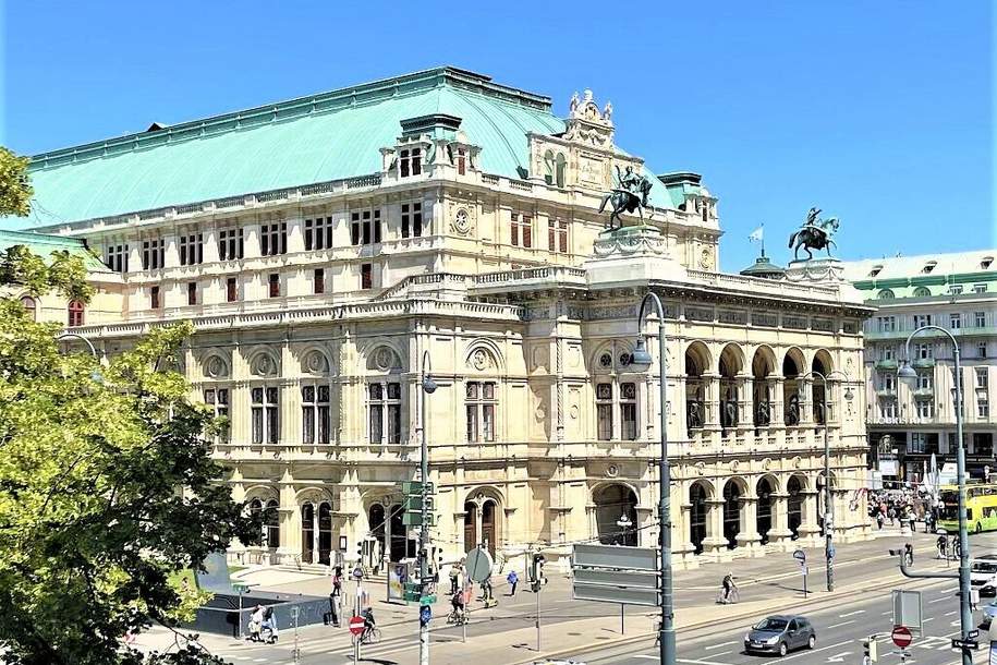 STAATSOPER-BLICK, Opernring, klimatisierte 5 Zimmer, Stehbalkon, Komplettküche, 2 Bäder mit WC, Flügeltüren, Parketten, Wohnung-miete, 4.089,89,€, 1010 Wien 1., Innere Stadt