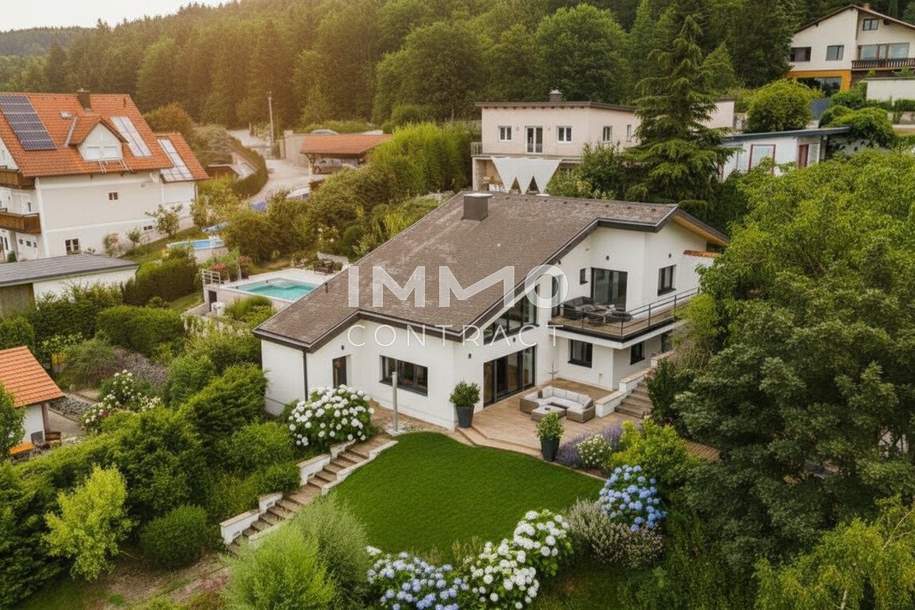 Fernblick Refugium am Hexenberg – Exklusive Architektenvilla in Besthanglage mit Schwimmteich und Gästehaus, Haus-kauf, 1.290.000,€, 2410 Bruck an der Leitha