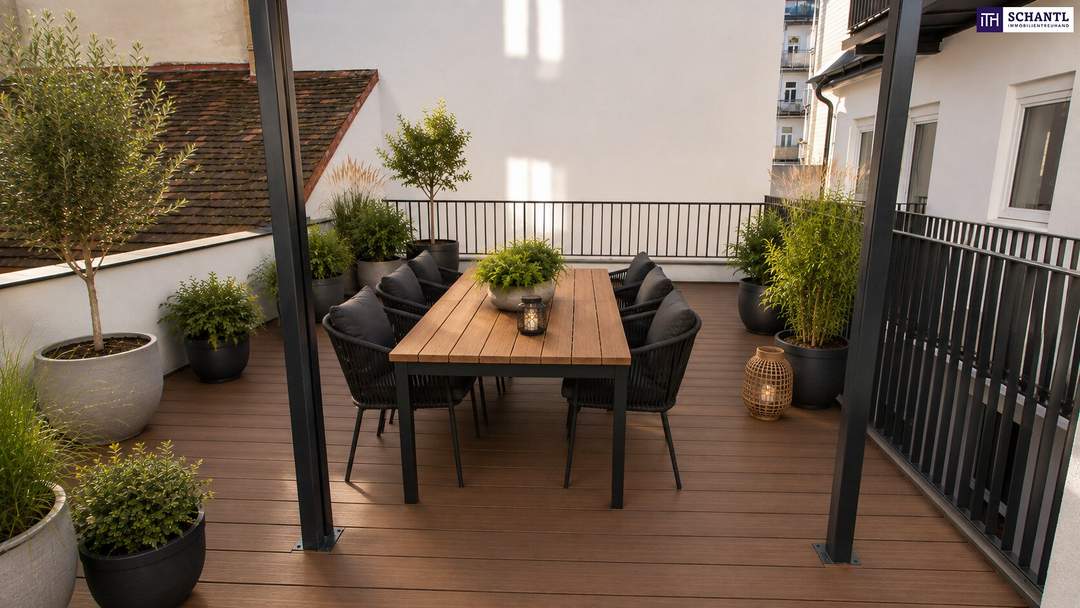 Ihre private Grünoase auf der 23 m² Terrasse mitten in Wien + stilvolle 3-Zimmer-Wohnungen + Klimaanlage & Luftwärmepumpe