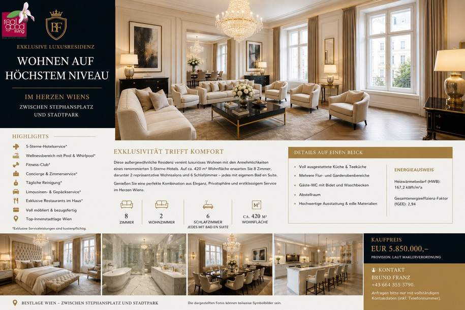 Luxusresidenz mit 420 m² im 5-Sterne-Hotel,8 Zimmer, 6 Schlafzimmer mit Bad en Suite + Concierge & Wellness in Top-Lage von Wien !!, Wohnung-kauf, 5.850.000,€, 1010 Wien 1., Innere Stadt