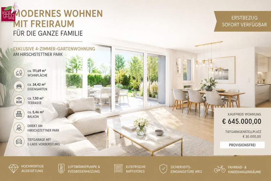 4-ZIMMER-FAMILIENTRAUM MIT GARTEN, TERRASSE &amp; BALKON auf zwei Etagen, PROVISIONSFREIER ERSTBEZUG IN 1220 WIEN, Wohnung-kauf, 645.000,€, 1220 Wien 22., Donaustadt