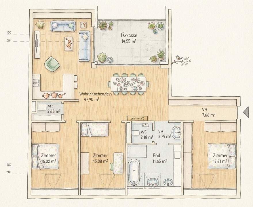 GRAZ - Gries: 124m² große 4-5 Zimmer-Wohnung + 15m² große Terrasse im 5.OG - Nähe Augarten - Zentral - Honorarfrei