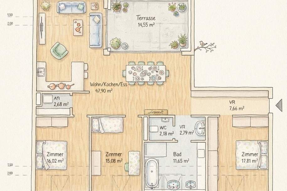 GRAZ - Gries: 124m² große 4-5 Zimmer-Wohnung + 15m² große Terrasse im 5.OG - Nähe Augarten - Zentral - Honorarfrei, Wohnung-kauf, 904.849,€, 8055 Graz(Stadt)