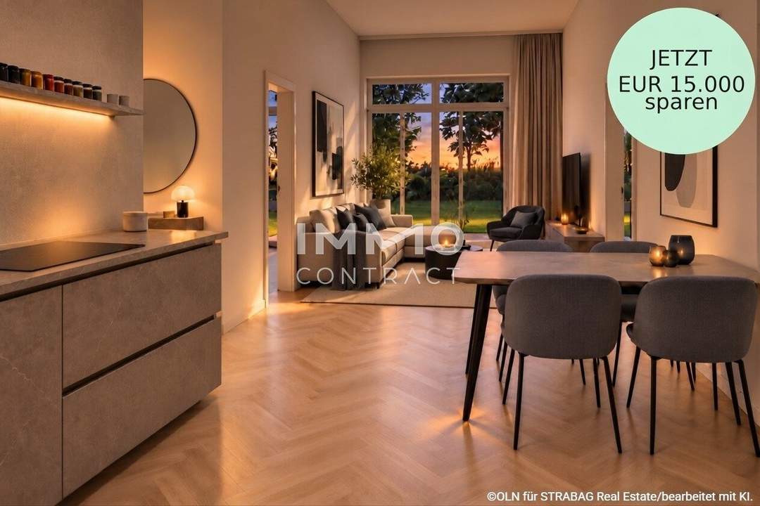 Ruhige Gartenwohnung mit Top-Grundriss sowie Annehmlichkeiten im Haus (Gäste-Lounge, Eventküche, Fahrradwerkstatt usw.)