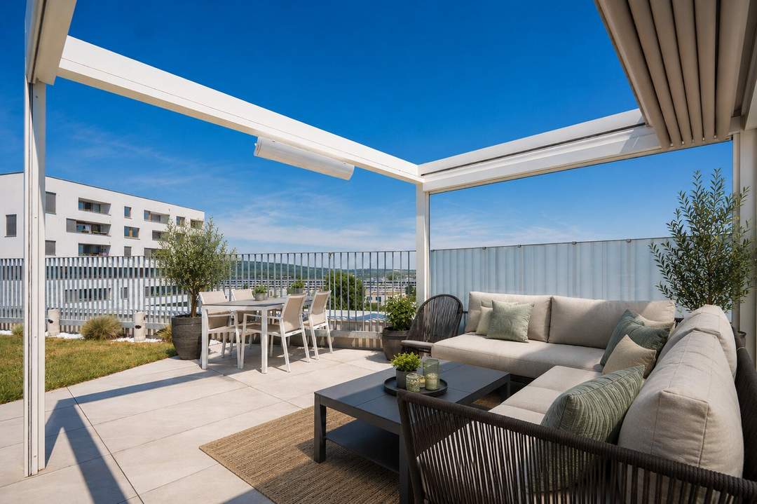 Urlaubsfeeling | Dachterrasse m. Pergola, Garten u. privaten Zugang zum Rooftop-Pool | Familienfreundliche Anlage | DAN Küche l Tiefgarage