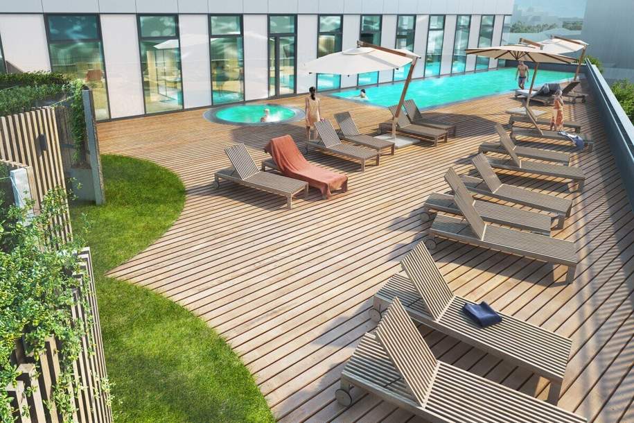 WEITBLICK garantiert: Modern möblierte 2-Zimmer-Wohnung mit Klima im One-Tower mit Pool und vielen Extras im Haus!, Wohnung-miete, 1.994,42,€, 1030 Wien 3., Landstraße