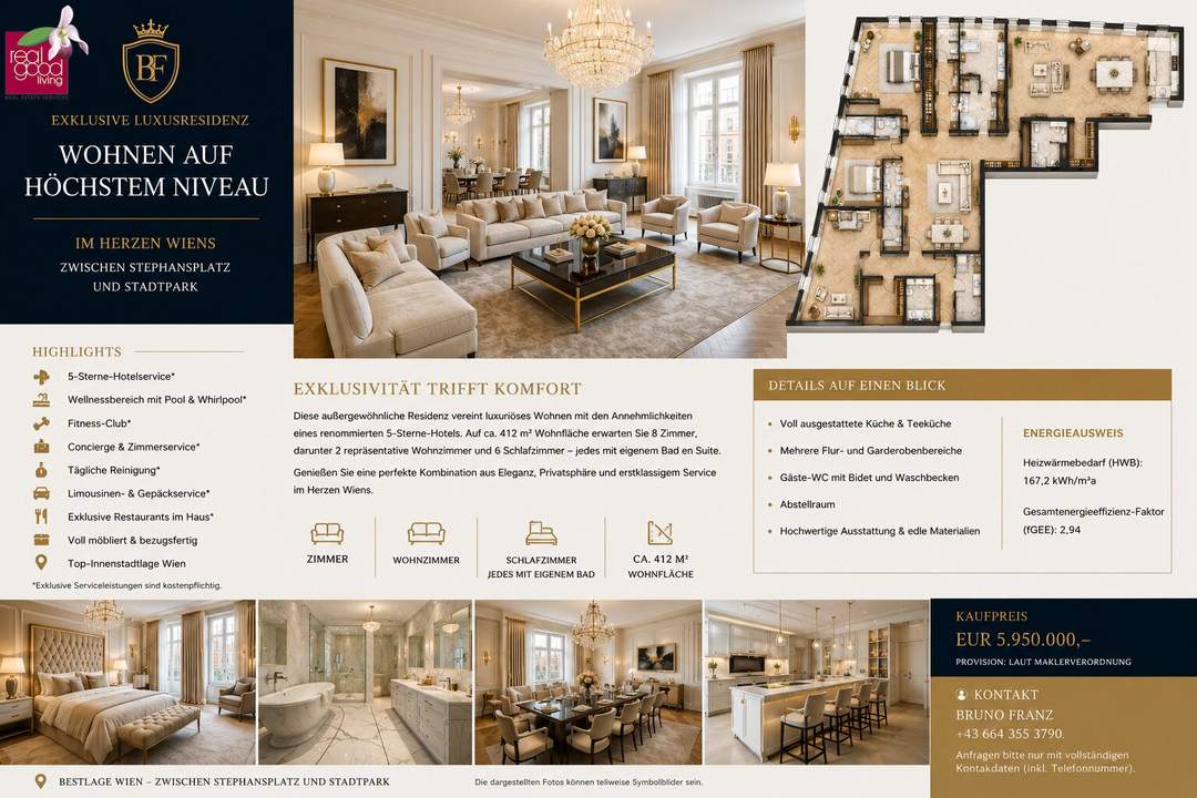Luxusresidenz mit 420 m² im 5-Sterne-Hotel,8 Zimmer, 6 Schlafzimmer mit Bad en Suite + Concierge & Wellness in Top-Lage von Wien