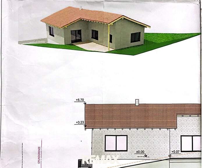 Baugrundstück mit Bodenplatte, Baubewilligung und Einreichplan für Einfamilienhaus, Garage und PKW Stellplatz