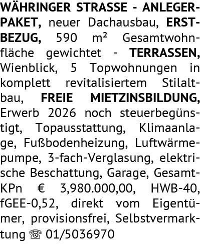 ANLEGER-PAKET, neuer Dachausbau, ERSTBEZUG, 590 m² Gesamtwohnfläche gewichtet - TERRASSEN, Wien