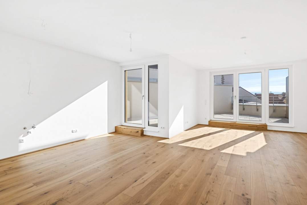 Wunderschöner Erstbezug! Lichtdurchflutete 4-Zimmer-Dachgeschoßwohnung | Tischlerküche | Zwei Bäder | Klimaanlage | Terrasse mit Weitblick und Privatsphäre