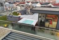 PENTHOUSE ohne SCHRÄGEN mit Vollverglasung und Wellnessterrasse inkl. Sauna und Blick über Wien - außergewöhnliche RARITÄT mit 2x Tiefgaragenplätzen im Haus / Kaufpreis inkl. LUXUS-Möblierung