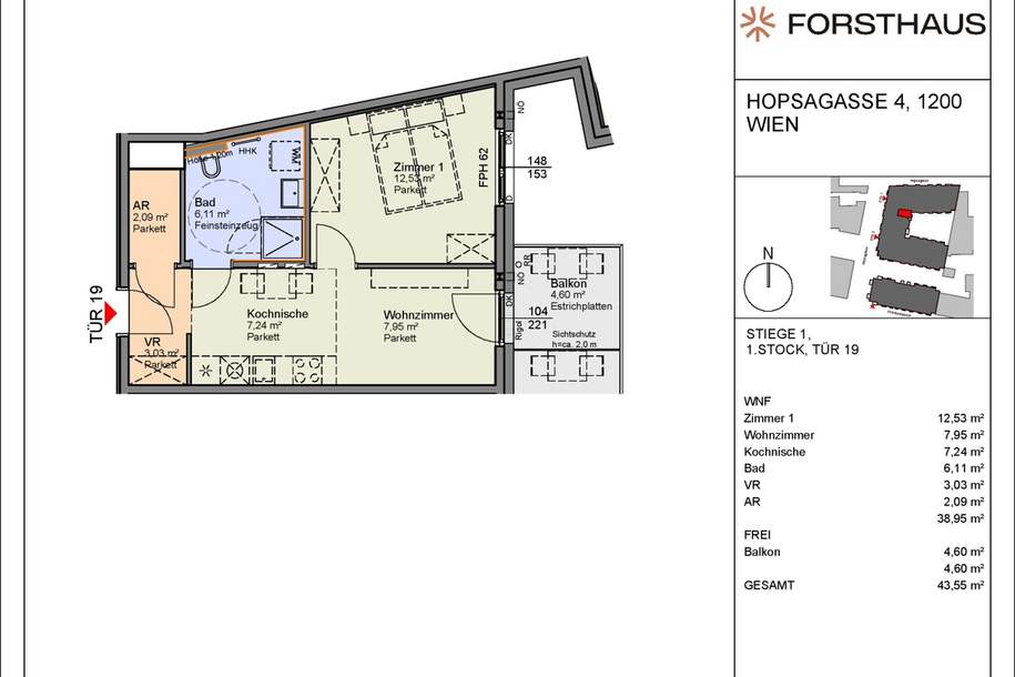 "FORSTHAUS" - kompetente und freundliche Beratung - Nebau Erstbezug 2 Zimmer + Balkon, Wohnung-kauf, 235.000,€, 1200 Wien 20., Brigittenau
