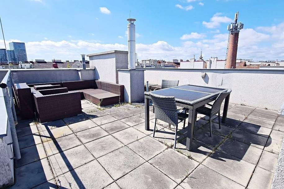 TERRASSENHIT, U1-NÄHE, 84 m2 Dachgeschoß mit 30 m2 Terrasse, 2 Zimmer, Wohnküche, 2 Bäder, Parketten, Viktorgasse, Wohnung-miete, 1.799,99,€, 1040 Wien 4., Wieden