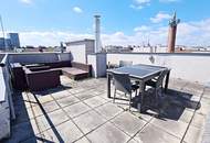 TERRASSENHIT, U1-NÄHE, 84 m2 Dachgeschoß mit 30 m2 Terrasse, 2 Zimmer, Wohnküche, 2 Bäder, Parketten, Viktorgasse