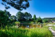 Exklusivität und Privatsphäre pur auf 2.610 m2 Grundfläche! Von der Terrasse in den Schwimmteich.