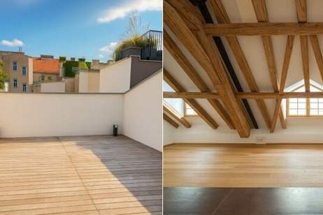 Außergewöhnliche 4-Zimmer-Dachgeschosswohnung im topsanierten Altbau – Galerie, sichtbare Holzbalken & Terrasse beim Karmelitermarkt, Wohnung-miete, 2.588,66,€, 1020 Wien 2., Leopoldstadt
