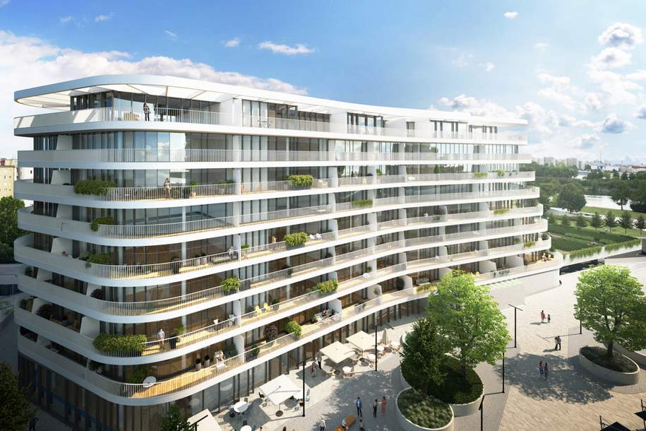 Neu und luxuriös. Stylishes DG-Apartment direkt am Wasser - Riesen-Terrasse für Genießer!, Wohnung-miete, 1.700,00,€, 1220 Wien 22., Donaustadt