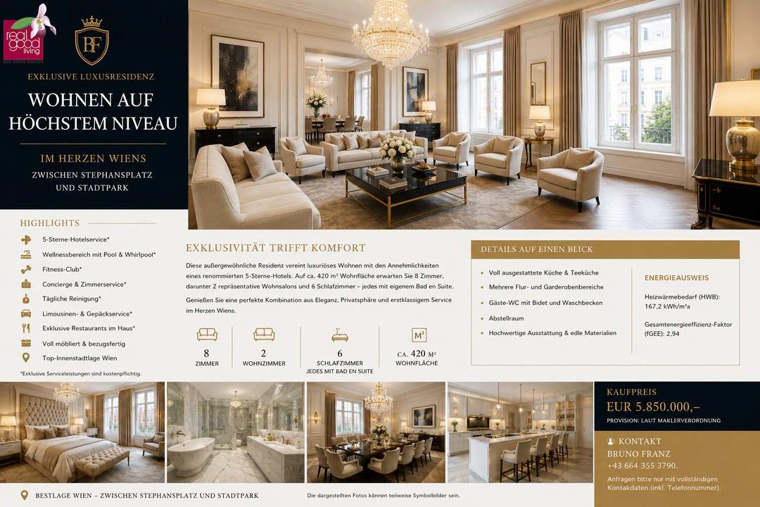 Luxusresidenz mit 420 m² im 5-Sterne-Hotel,8 Zimmer, 6 Schlafzimmer mit Bad en Suite + Concierge &amp; Wellness in Top-Lage von Wien !!