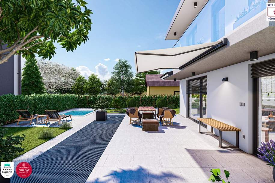 Einzigartiges Neubauprojekt in Fertigstellung 2 mal Einfamilienhäuser mit Pool und Photovoltaikanlage, BILDER und VIDEO sind KI generiert, Haus-kauf, 890.000,€, 1210 Wien 21., Floridsdorf