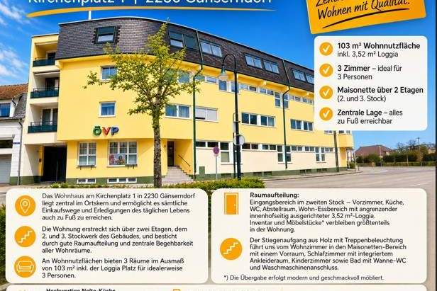 Maisonette 3 Zimmer mit Loggia, Aufzug wird eingebaut!, Wohnung-kauf, 335.000,€, 2230 Gänserndorf