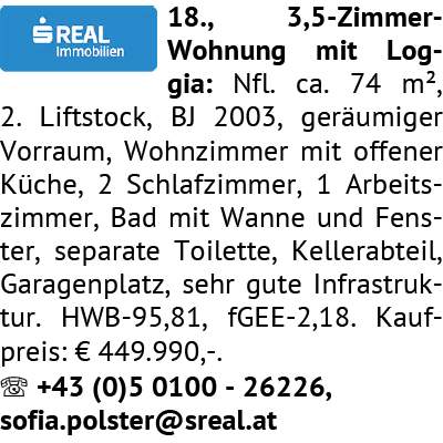 3,5-Zimmer-Wohnung mit Loggia: Nfl. ca. 74 m², 2. Liftstock, BJ 2003, geräumiger Vorraum, Wohnz