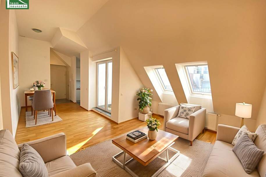 Moderne Dachgeschosswohnung mit großer Terrasse nahe Arthaberplatz in ruhiger Seitengasse! Hohe Decken und Traumbad mit Fenster. - WOHNTRAUM, Wohnung-kauf, 399.000,€, 1100 Wien 10., Favoriten
