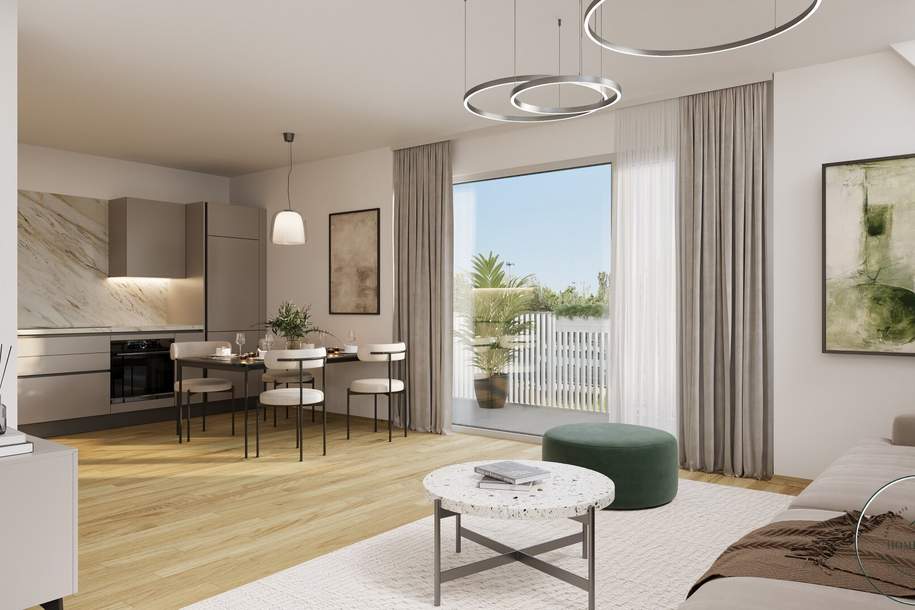 Oberlaa: Modernes Raumwunder mit ESG-Fokus und kühlem Kopf an heißen Tagen / 55 m² Panorama-Terrasse &amp; Deckenkühlung + Eigengarten, Wohnung-kauf, 610.000,€, 1100 Wien 10., Favoriten