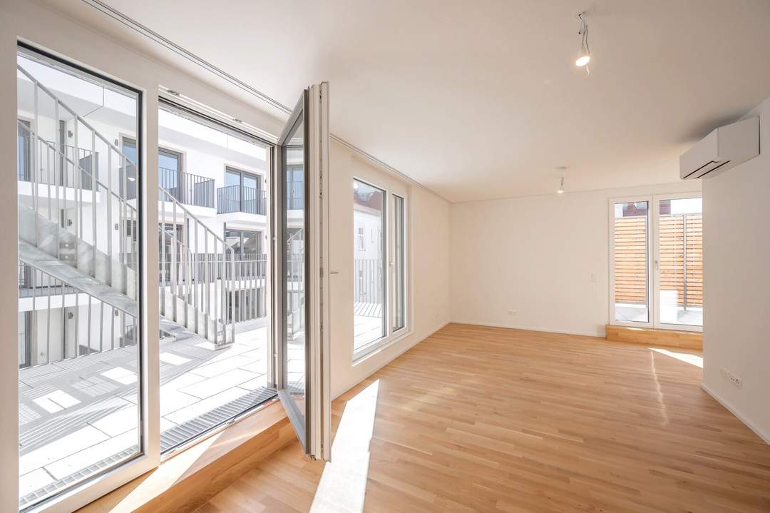 ASG IV-Qualitatives Wohnen in urbaner Lage: hochwertiger 2-Zimmer Dachgeschoss-ERSTBEZUG mit 4 Terrassen! Provisionsfrei