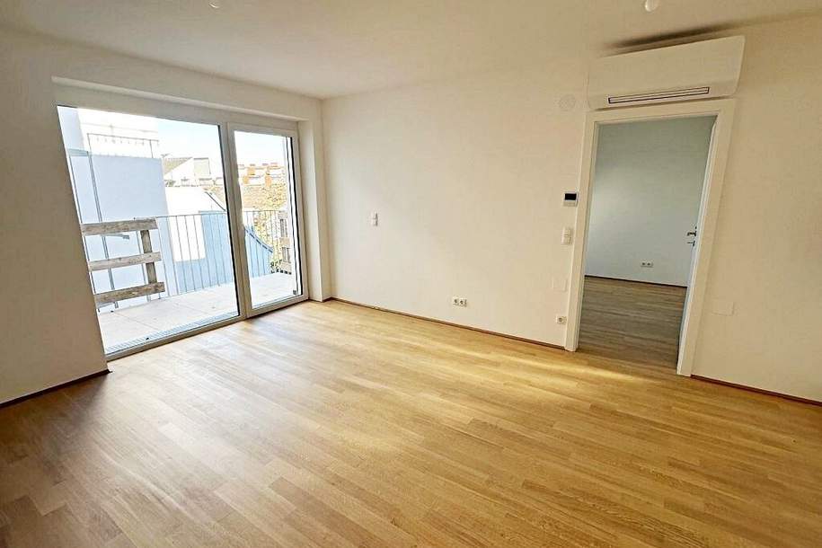 AUGARTEN-NÄHE, DACHGESCHOSS, klimatisierte 43 m2 Neubau mit 6 m2 Balkon, Wohnküche, 1 Zimmer, Duschbad, Parketten, Erstbezug, Wohnung-miete, 897,40,€, 1200 Wien 20., Brigittenau