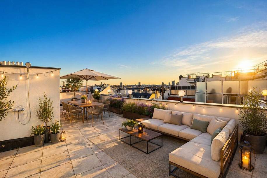 PENTHOUSE MIT WEITBLICK I Mariahilfer Straße I ca.100 m² TERRASSE I Klimaanlage & Fußbodenheizung I U-Bahn Nähe I 7-Zimmer und 3 Bäder, Wohnung-kauf, 1.880.000,€, 1060 Wien 6., Mariahilf