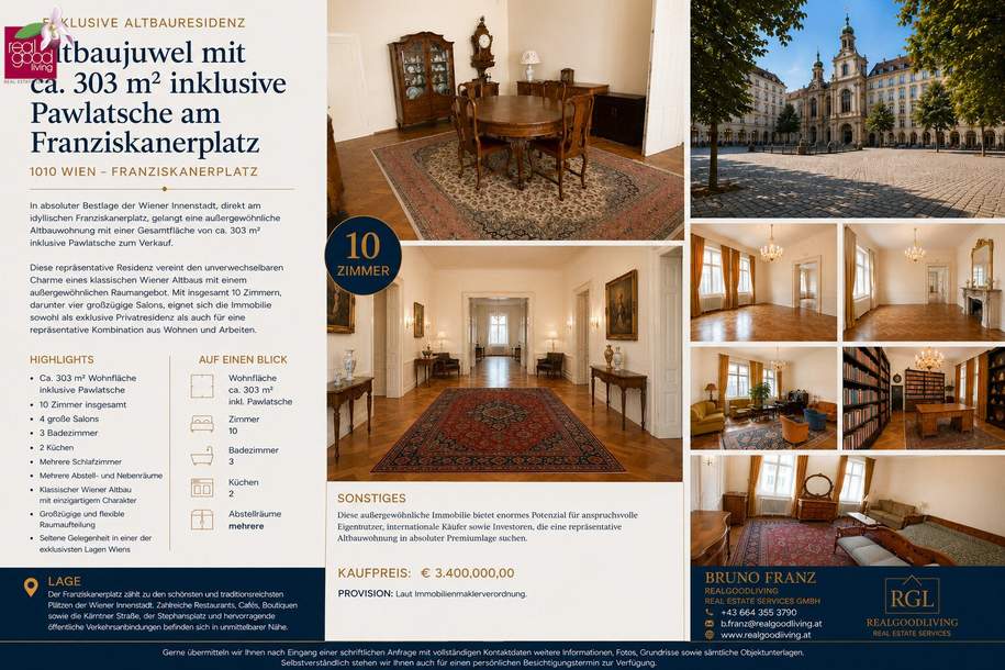 Exklusive Altbauresidenz mit ca. 303 m² am Franziskanerplatz – Wohnen in einer der schönsten Lagen Wiens, Wohnung-kauf, 3.400.000,€, 1010 Wien 1., Innere Stadt