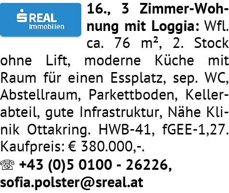 3 Zimmer-Wohnung mit Loggia: Wfl. ca. 76 m², 2. Stock ohne Lift, moderne Küche mit Raum für ein
