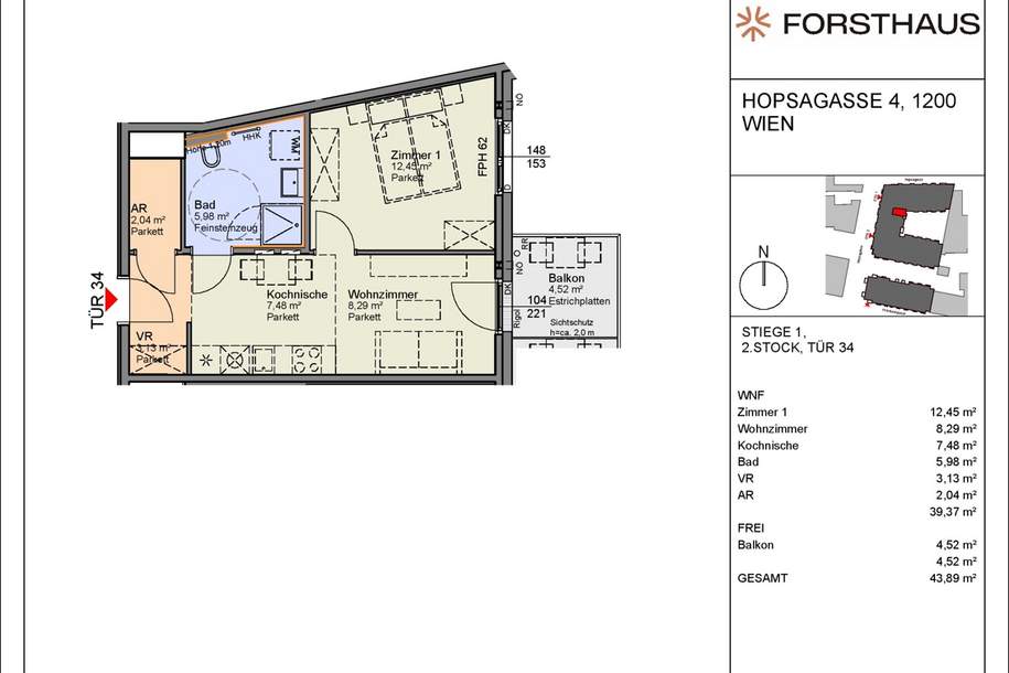 FORSTHAUS - HOFSEITE, Neubau Erstbezug - 2 Zimmer mit Freifläche Nähe Donaukanal (HO134), Wohnung-kauf, 240.000,€, 1200 Wien 20., Brigittenau