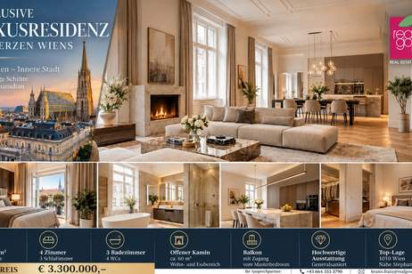 EXKLUSIVE LUXUSRESIDENZ IM HERZEN WIENS – CA. 200 m² | 3 SCHLAFZIMMER | 3 BÄDER | KAMIN | BALKON | GENERALSANIERT, Wohnung-kauf, 3.300.000,€, 1010 Wien 1., Innere Stadt