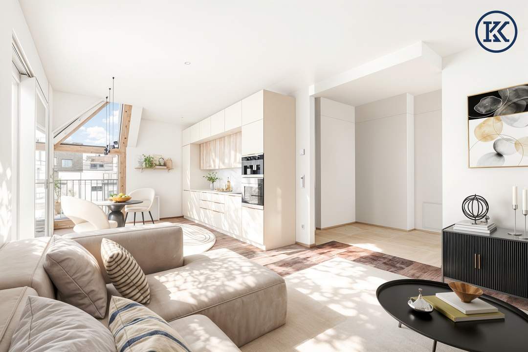 Luftiges Dachgeschoss-Refugium: Atemberaubende 2-Zimmer-Wohnung mit beeindruckender Freifläche