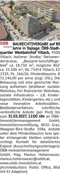 BAURECHTSVERGABE auf 80 Jahre in Toplage: ÖBB-Stadtquartier Westbahnhof Villach, 9500 Villach, Itali