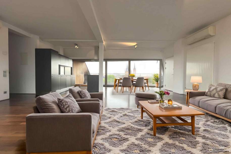 1070! Tolles 4-Zimmer DG mit 2 Terrassen und wunderschönem Blick - ALLES AUF EINER EBENE!, Wohnung-miete, 3.909,02,€, 1070 Wien 7., Neubau